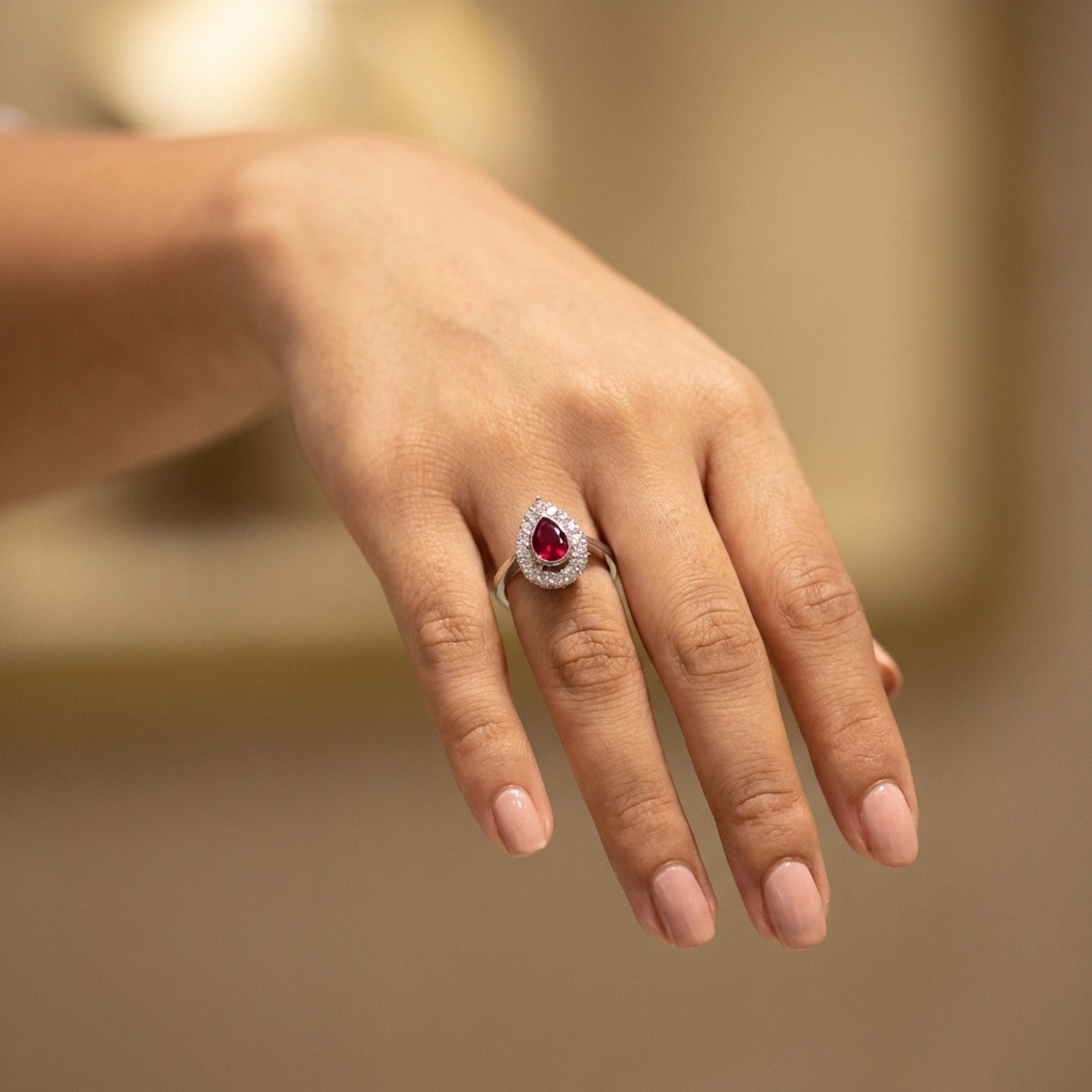 Pear Ruby Halo Ring