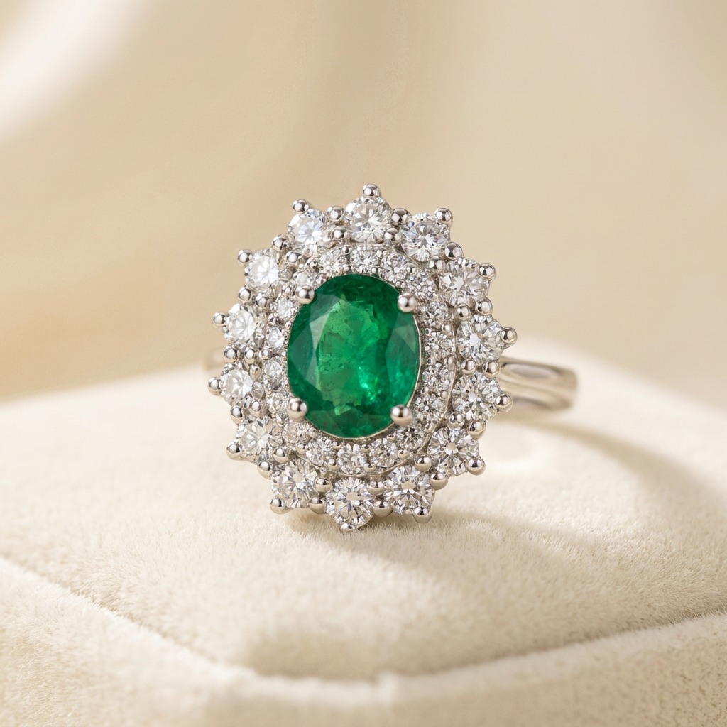 Emerald Double Halo Ring