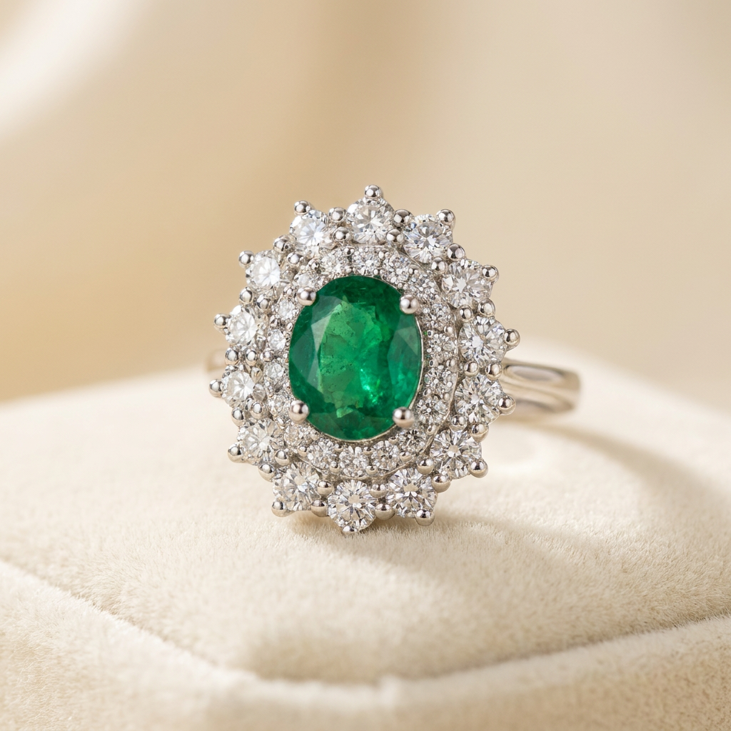 Emerald Double Halo Ring — stand