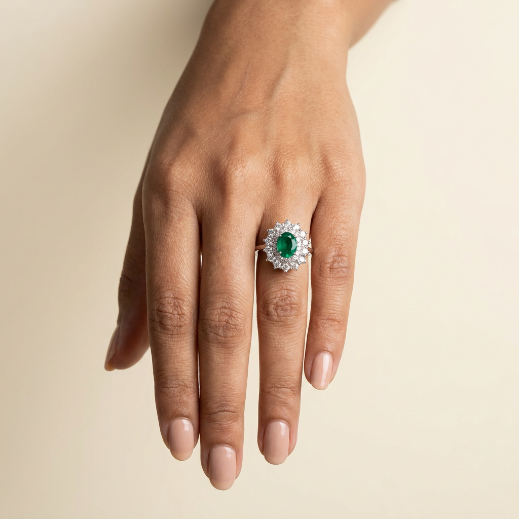 Emerald Double Halo Ring — on hand