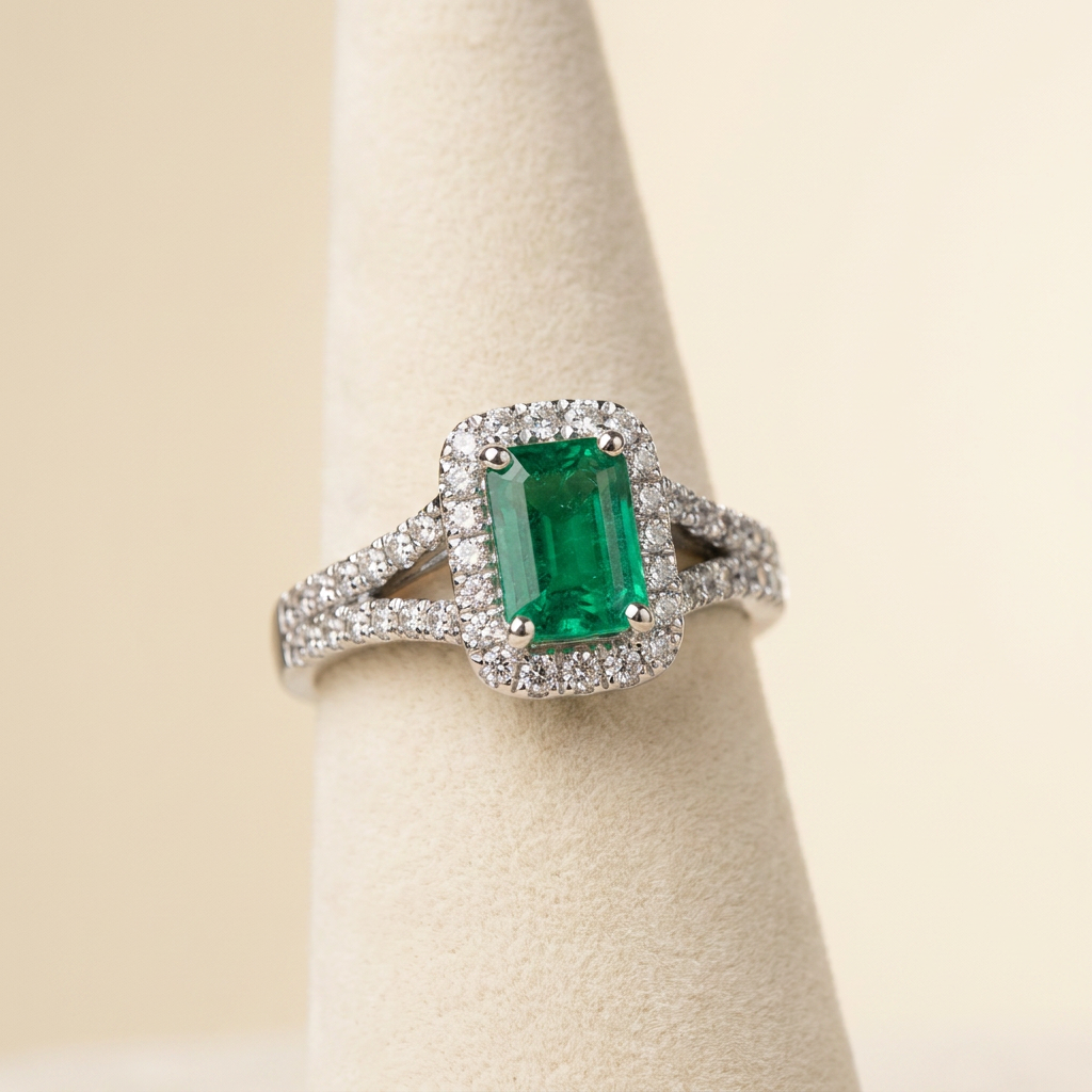 Emerald Split Halo Ring — stand