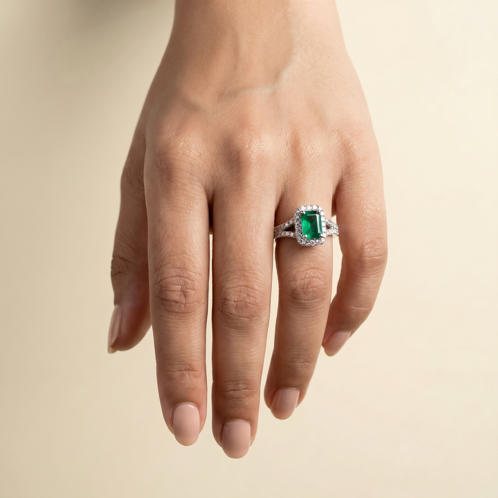 Emerald Split Halo Ring