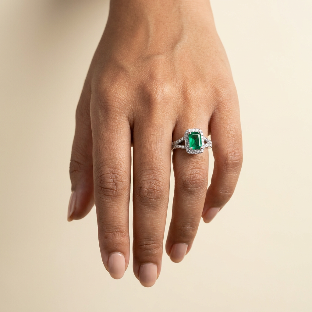 Emerald Split Halo Ring — on hand
