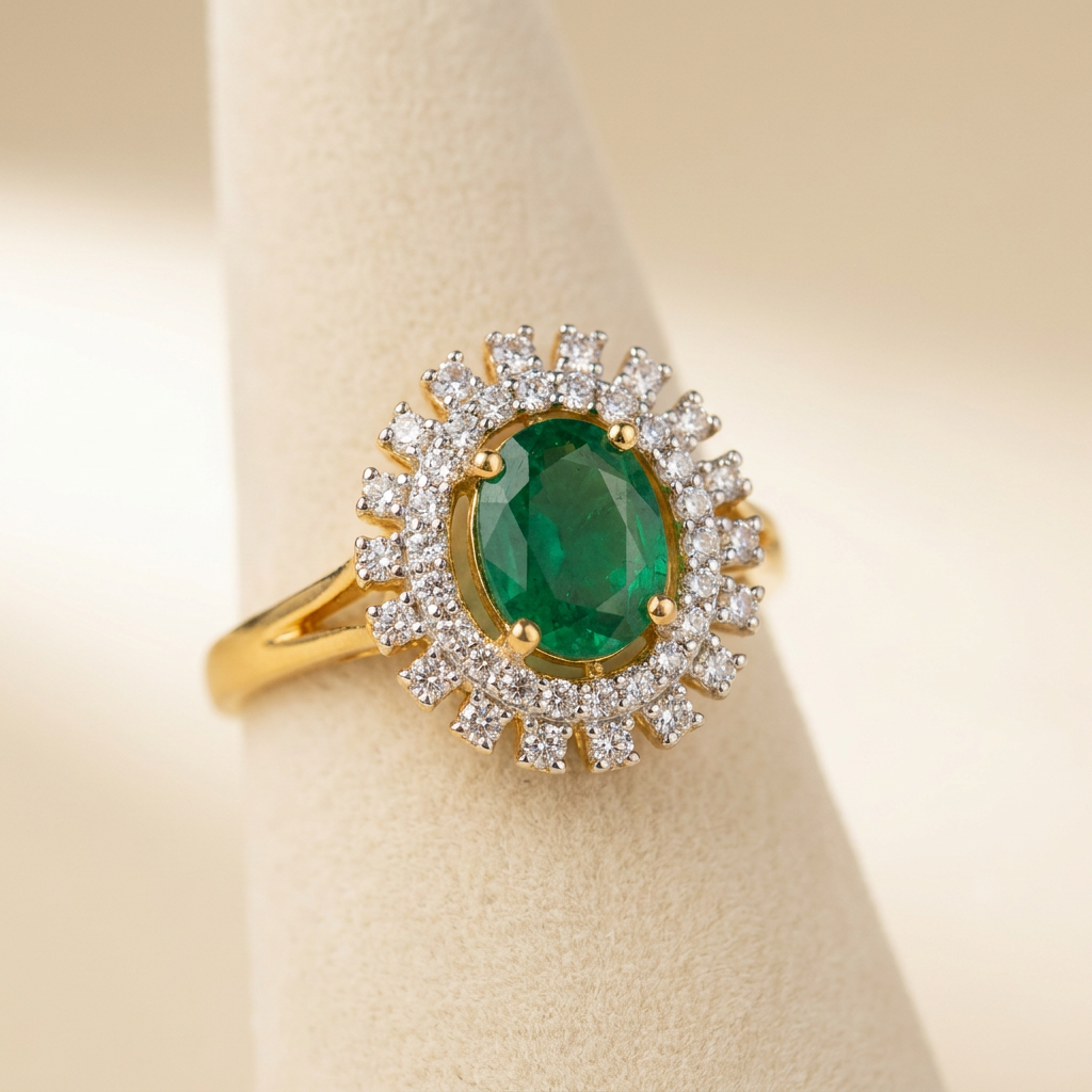 Emerald Sunburst Halo Ring — stand