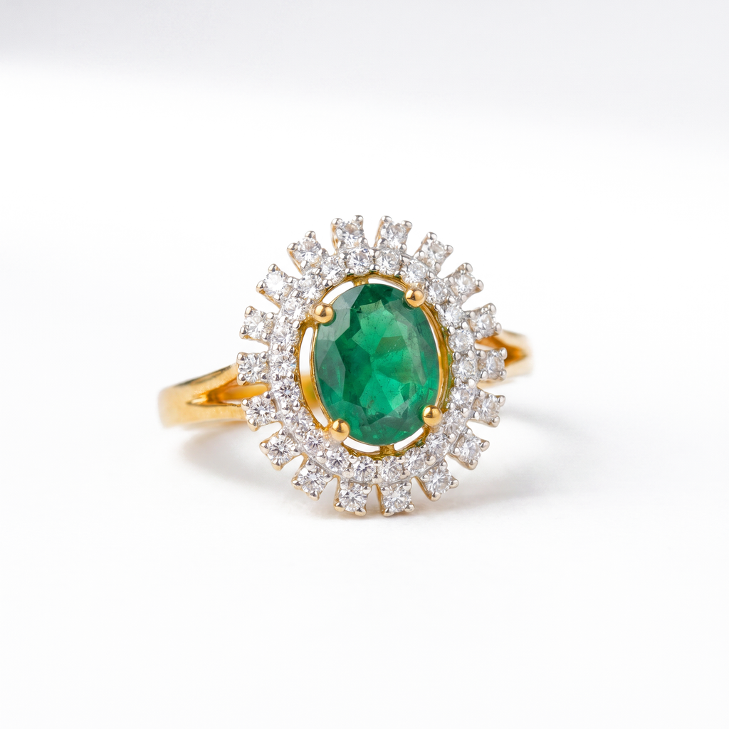 Emerald Sunburst Halo Ring