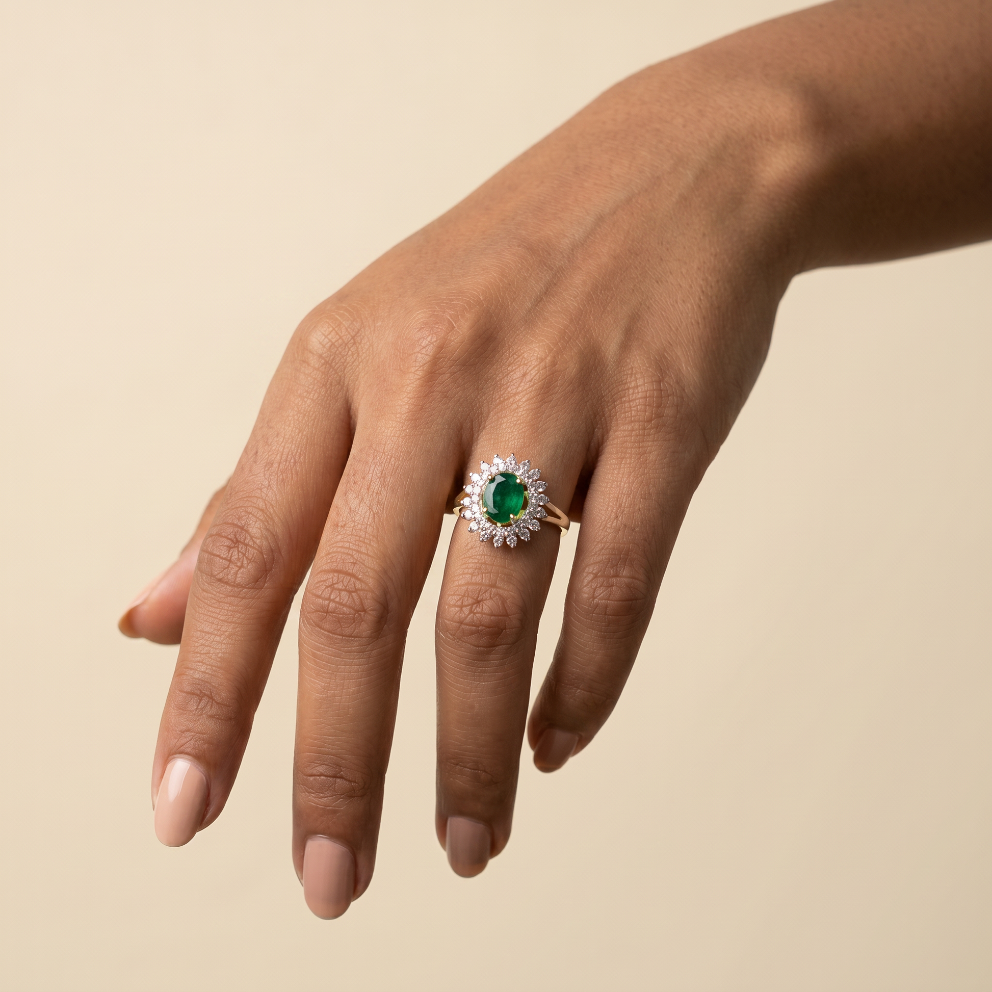 Emerald Sunburst Halo Ring