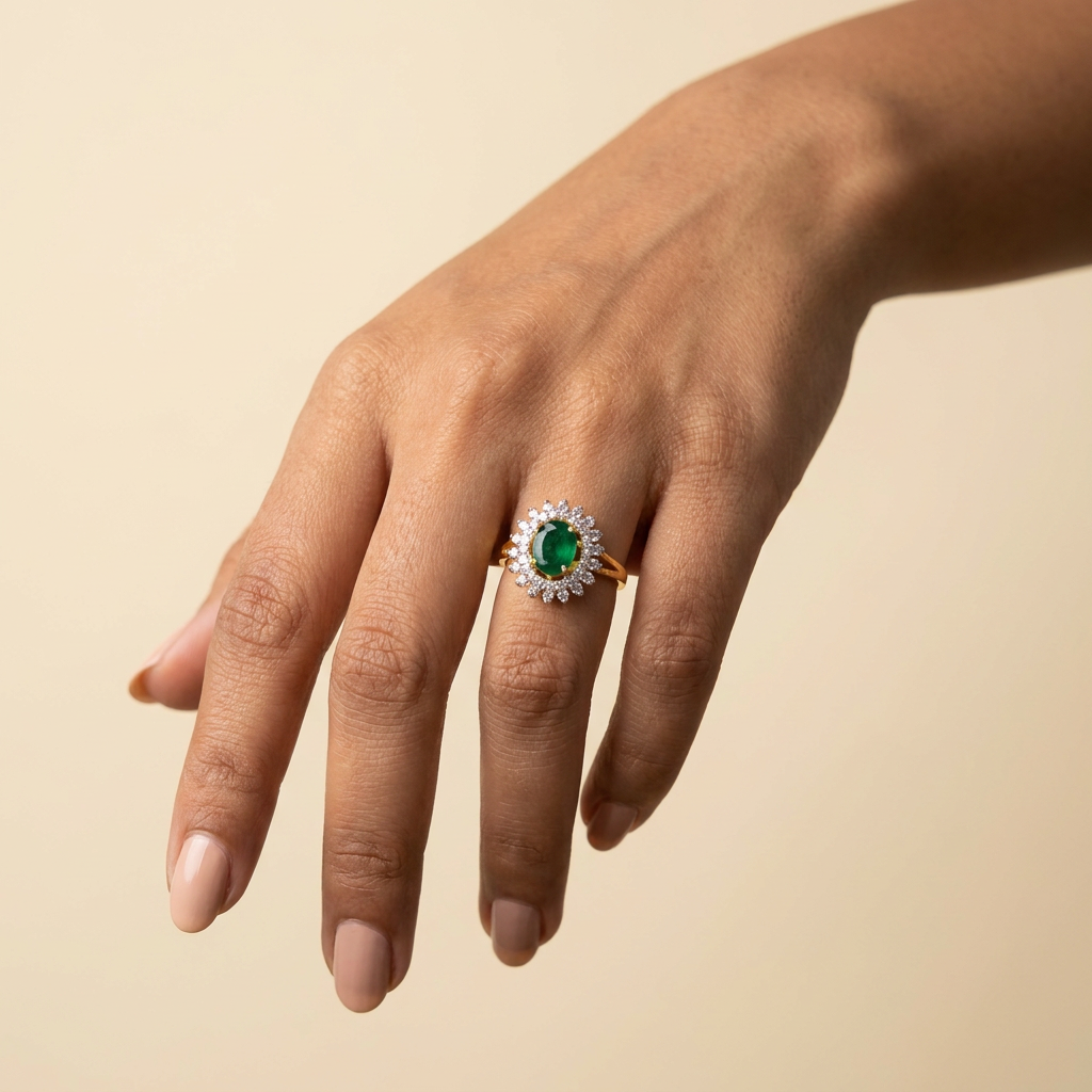 Emerald Sunburst Halo Ring — on hand