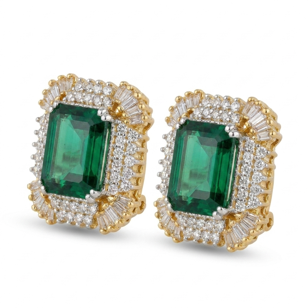 Emerald Baguette Halo Studs