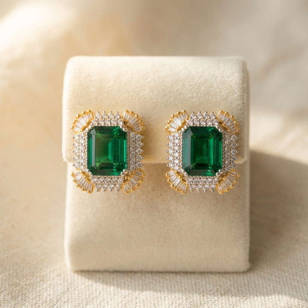 Emerald Baguette Halo Studs