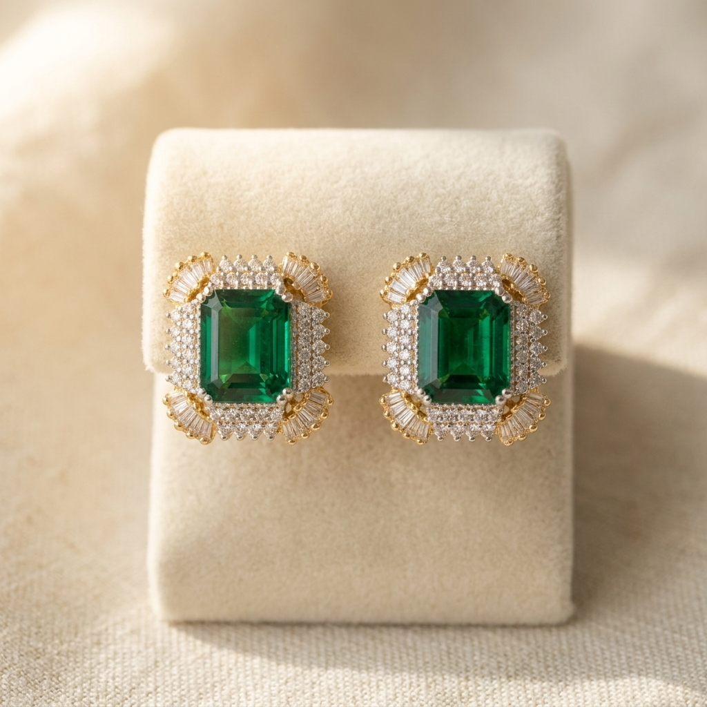 Emerald Baguette Halo Studs