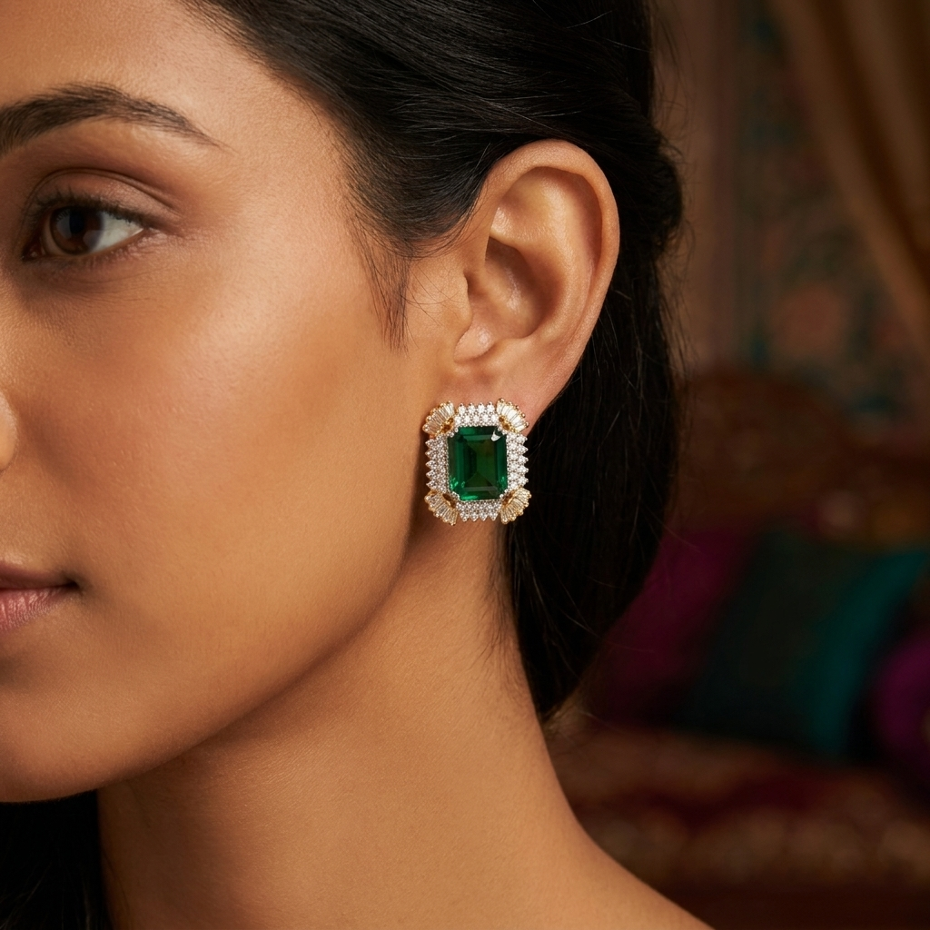 Emerald Baguette Halo Studs