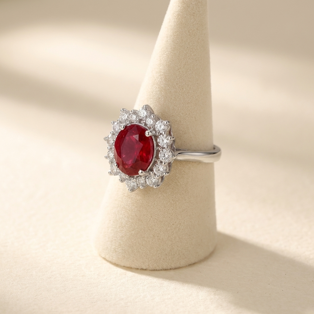 Ruby Sunburst Halo Ring
