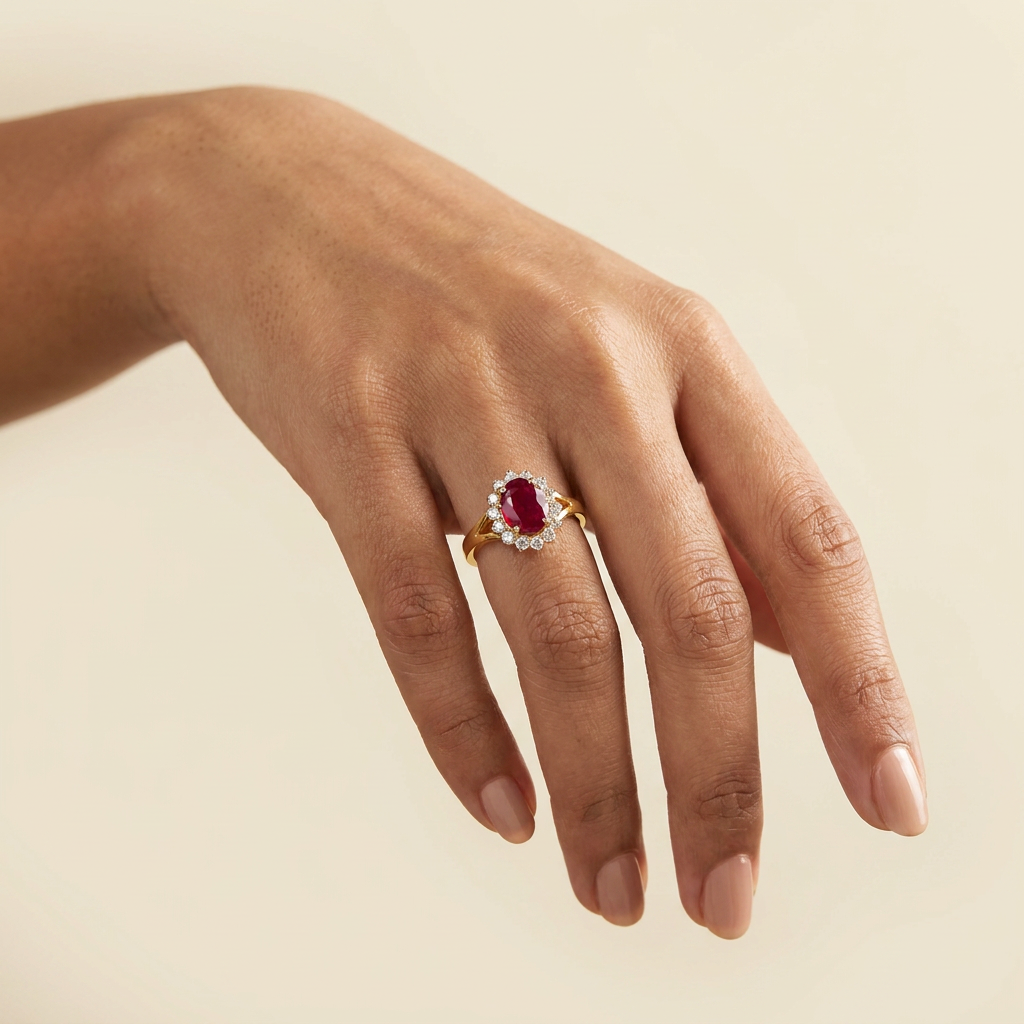 Oval Ruby Halo Ring — on hand