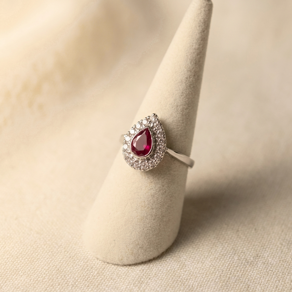 Pear Ruby Halo Ring