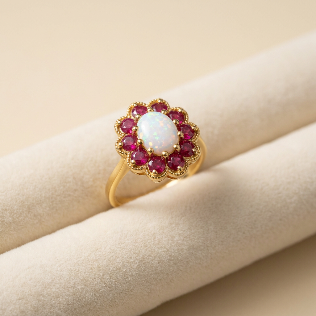 Pearl Ruby Cluster Ring — stand
