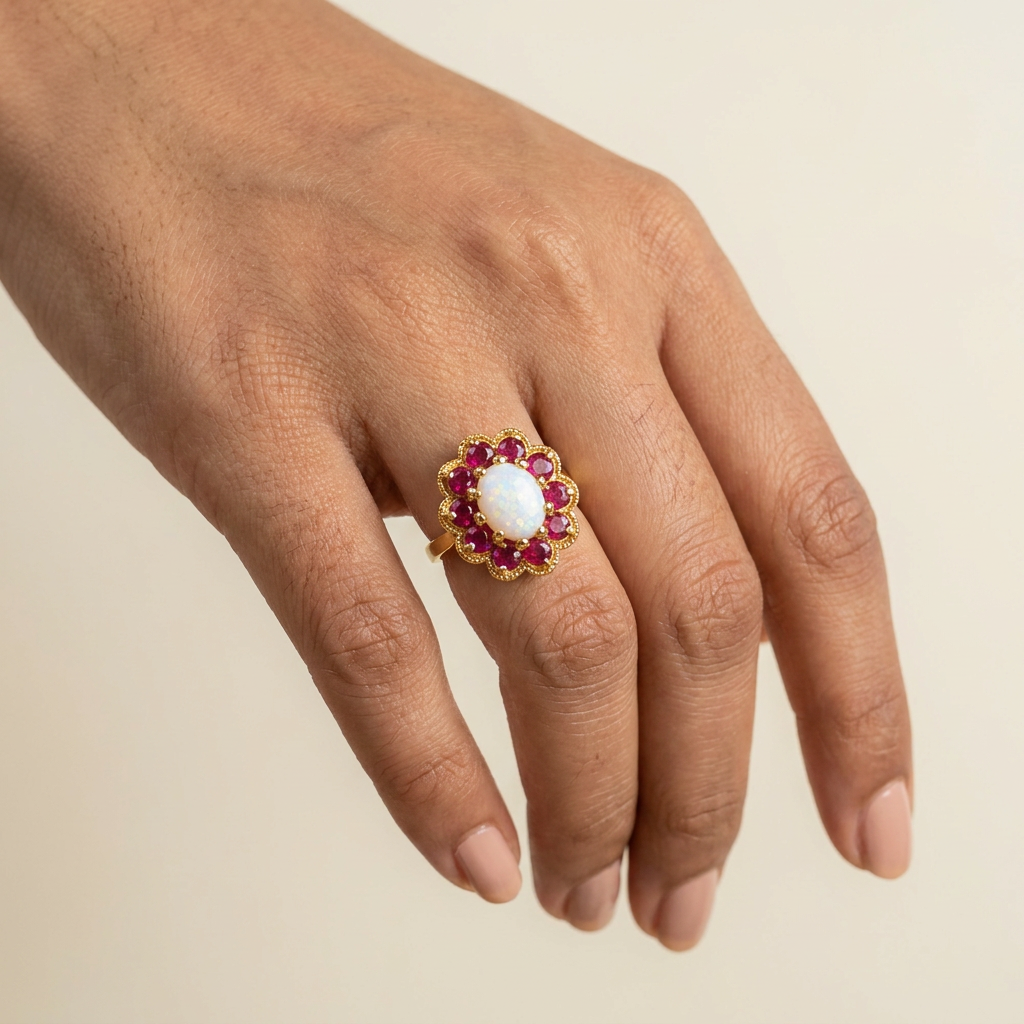 Pearl Ruby Cluster Ring — on hand