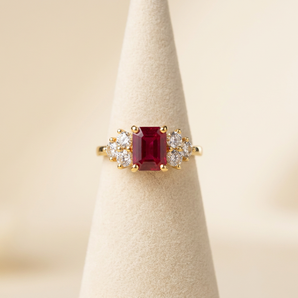 Ruby Three-Stone Ring — stand