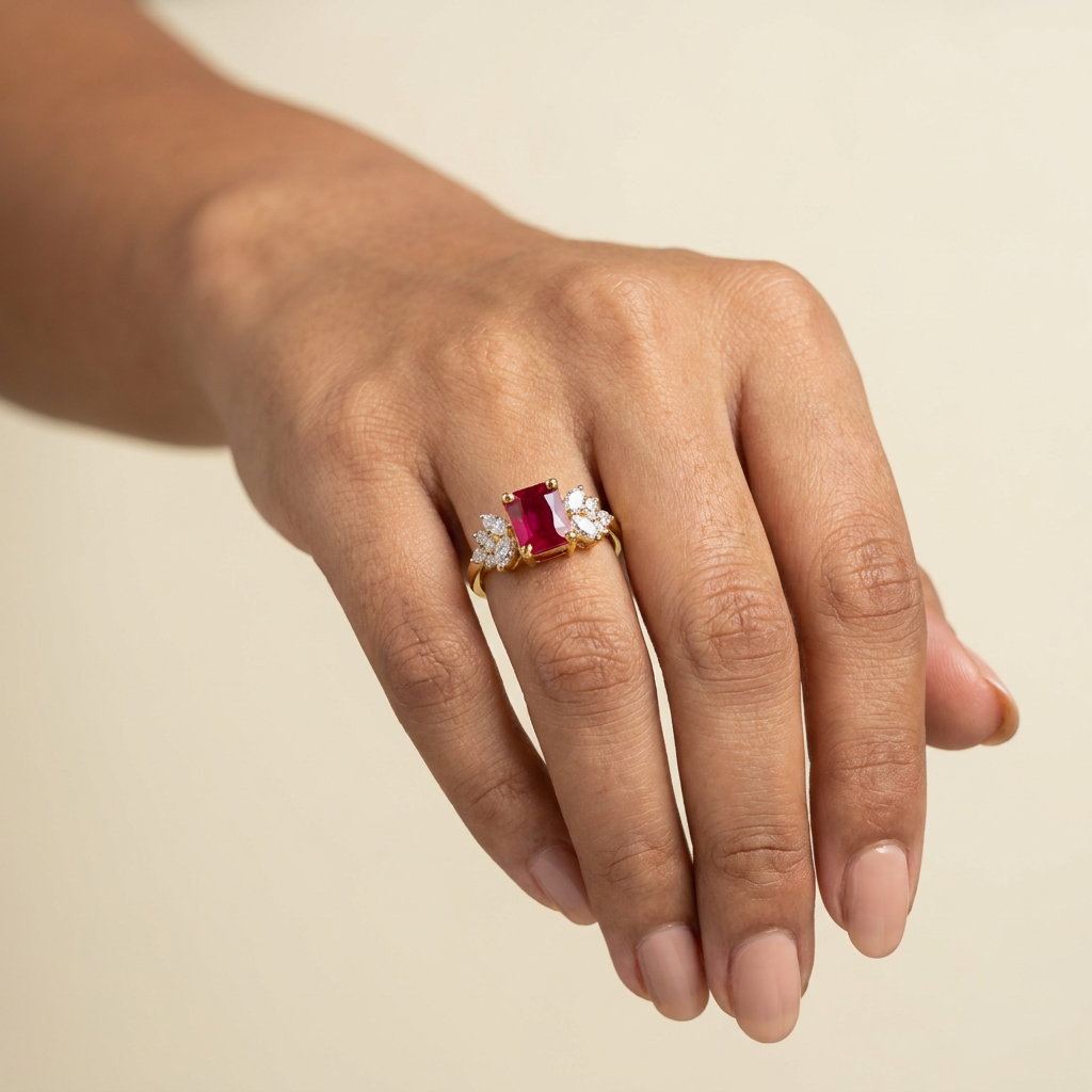 Ruby Three-Stone Ring — on hand