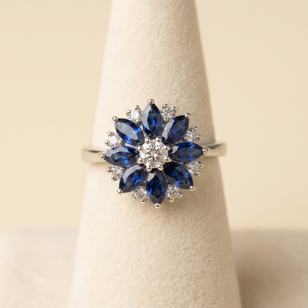 Sapphire Floral Cluster Ring — stand