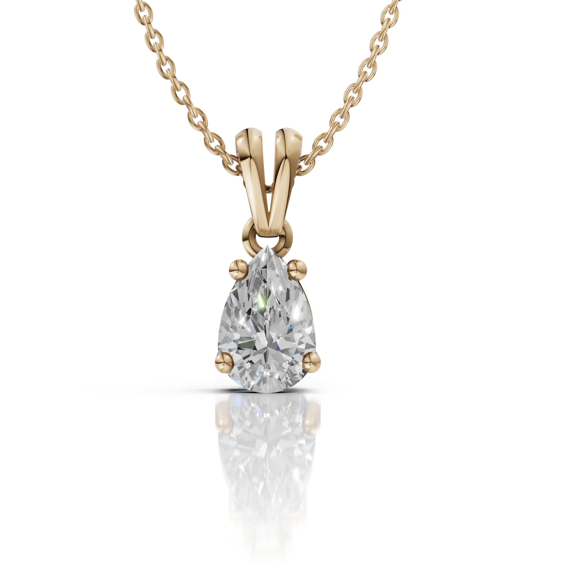 Gold necklace with a pear-shaped diamond pendant on a white background