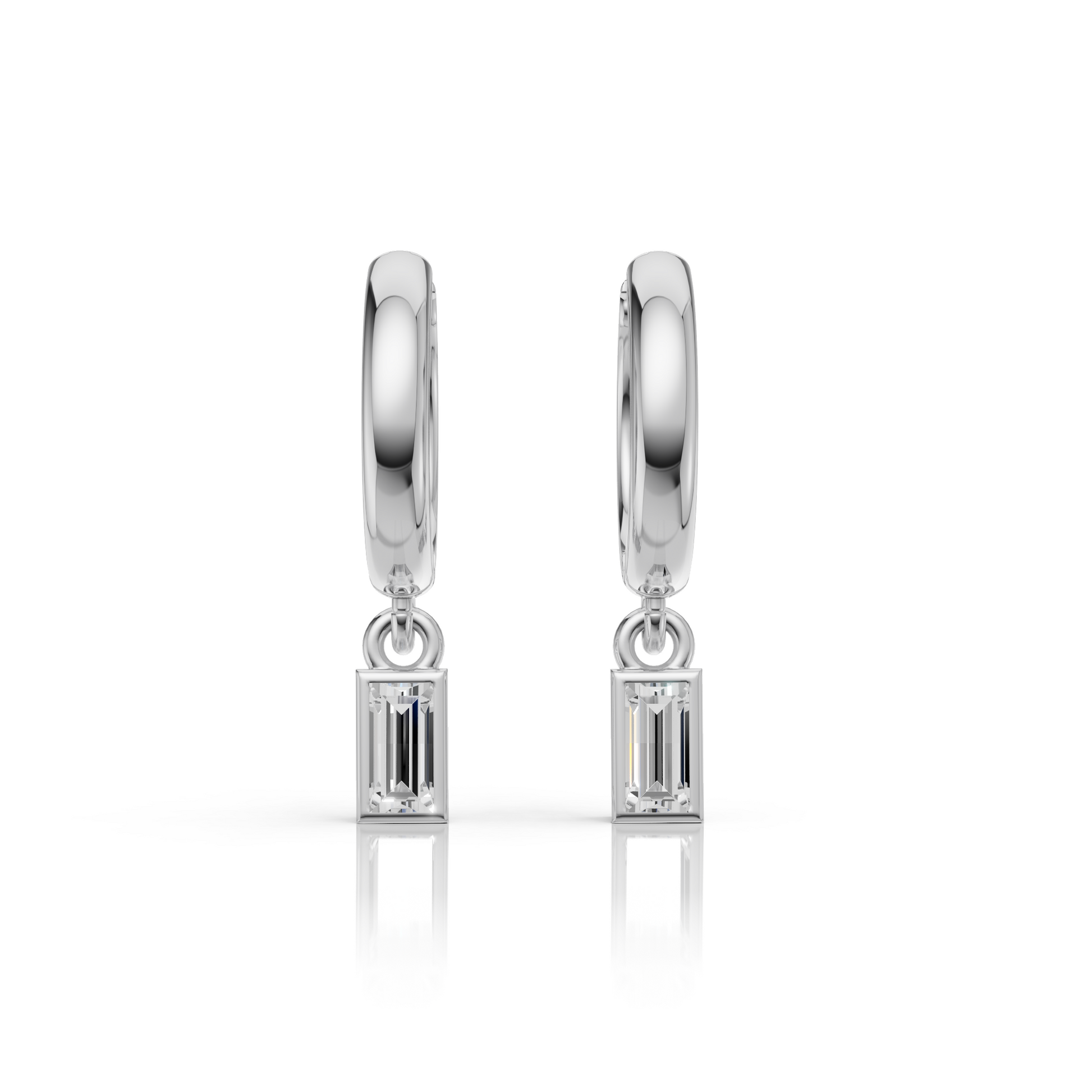 Pair of silver hoop earrings with baguette gemstones on a white background