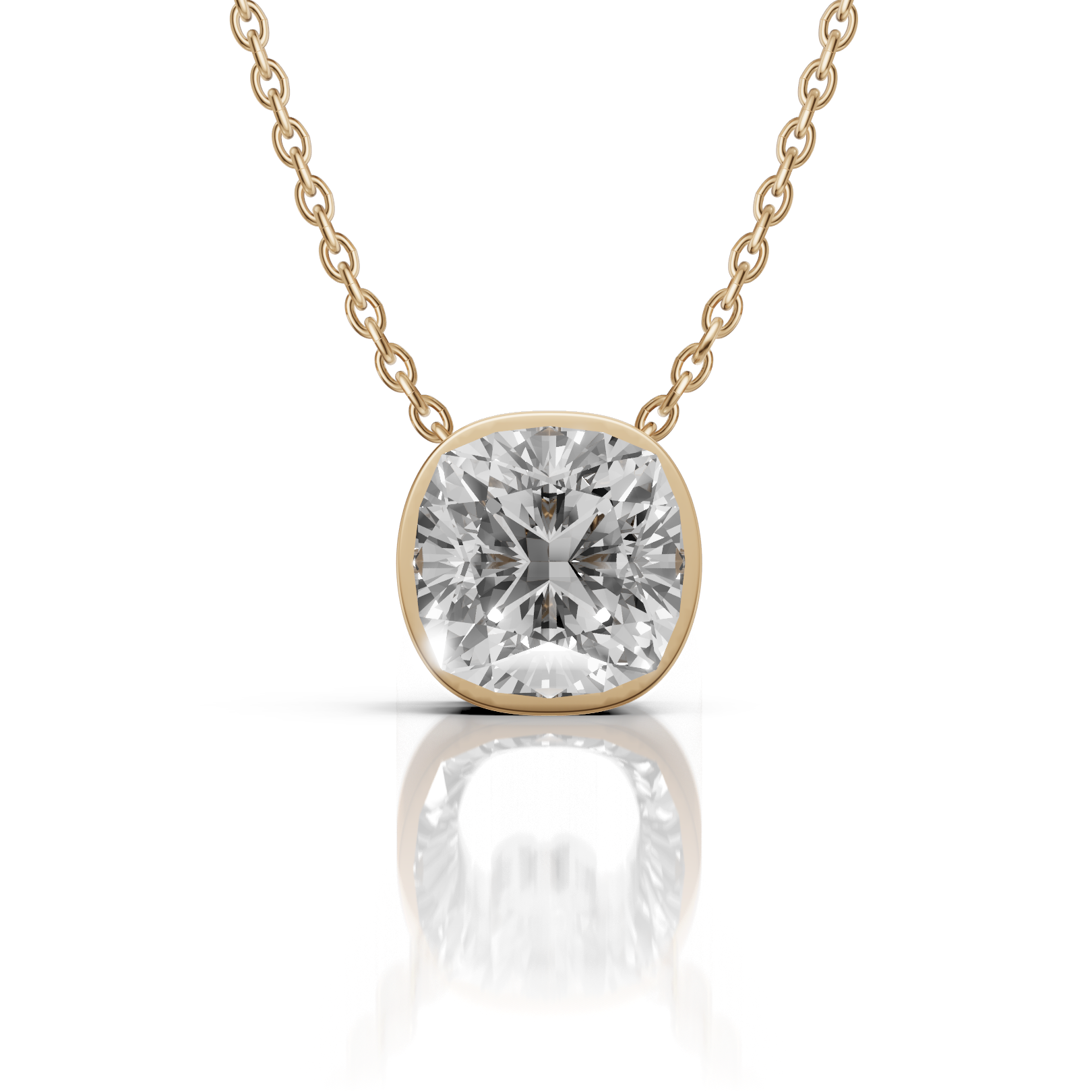 Gold necklace with a round diamond pendant on a white background