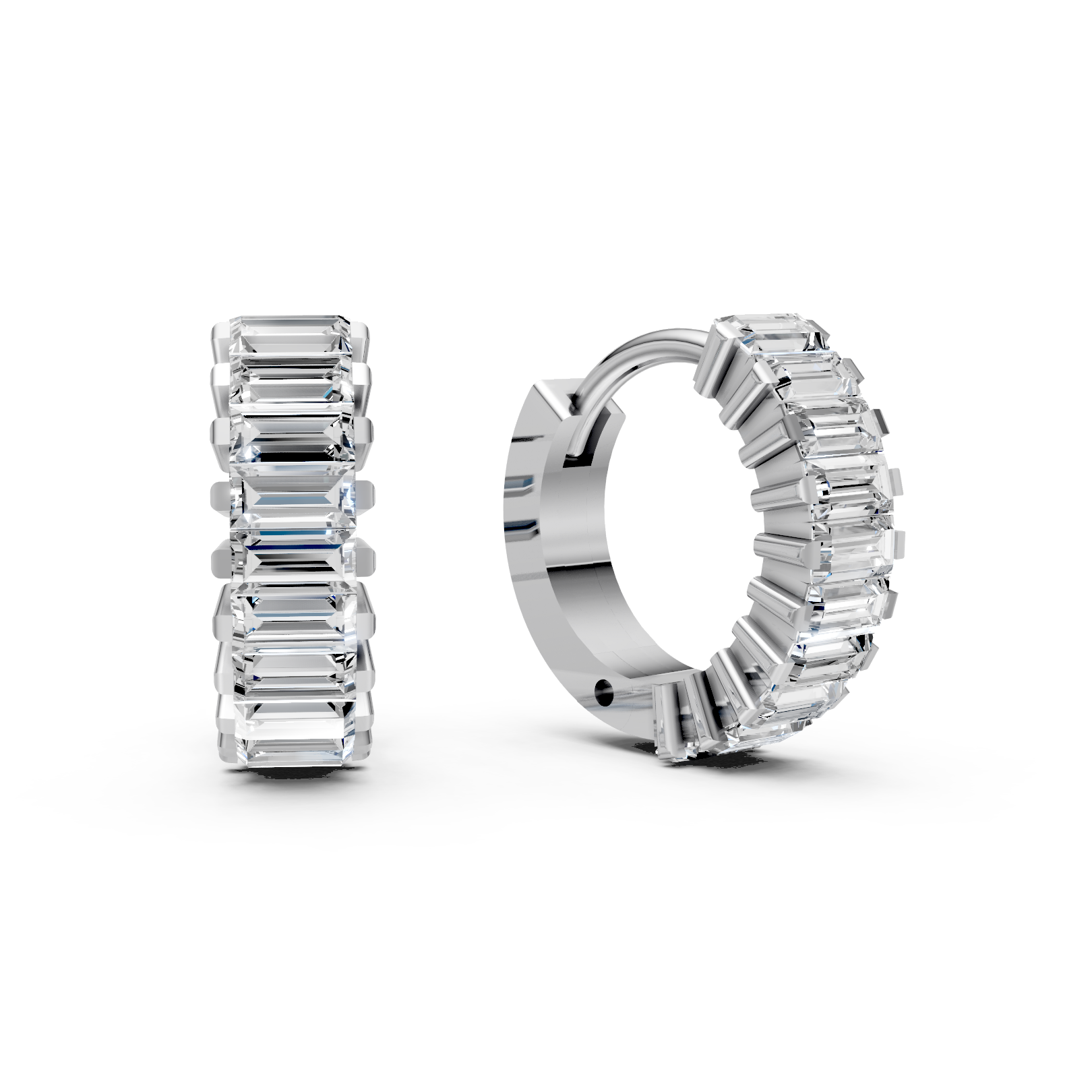 Pair of silver hoop earrings with emerald-cut gemstones on a white background
