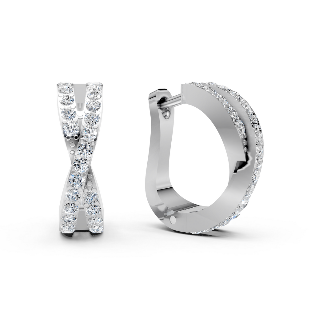 Pair of silver hoop earrings with diamond accents on a white background