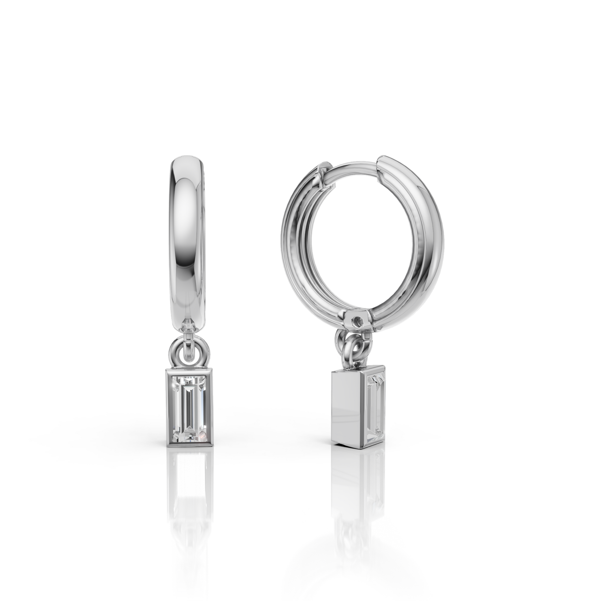 Pair of silver hoop earrings with rectangular pendant on a white background