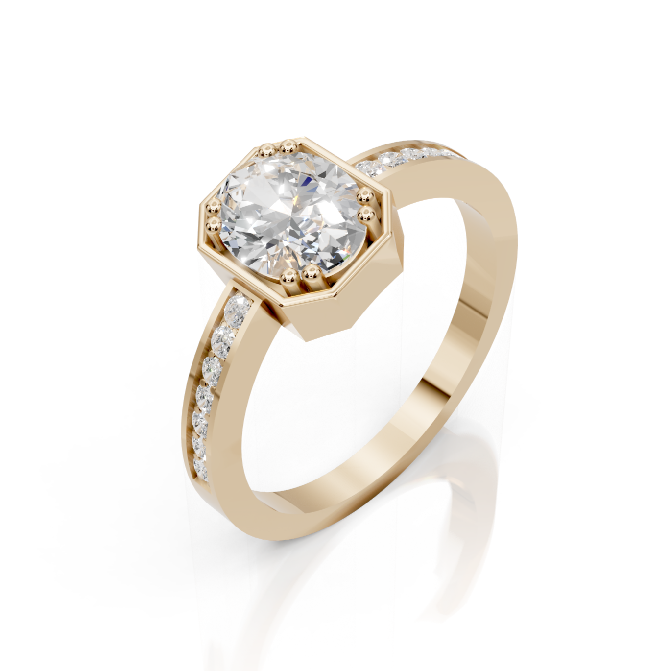 Gold ring with a diamond on a white background