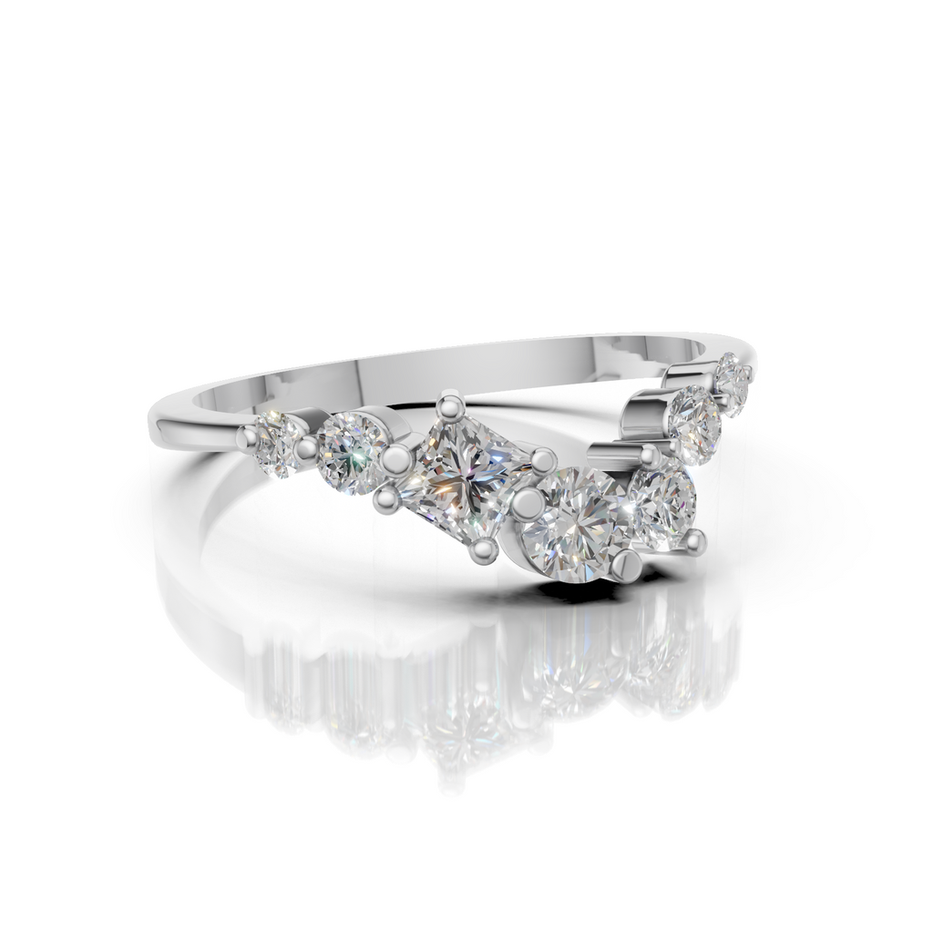 Silver ring with multiple diamonds on a white background