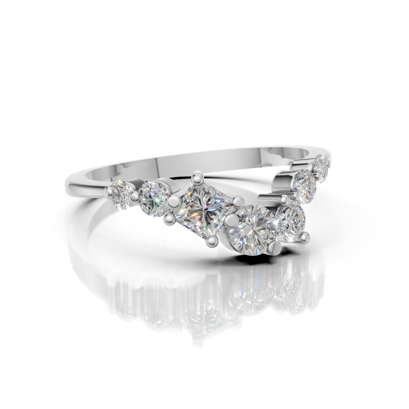 Silver ring with multiple diamonds on a white background