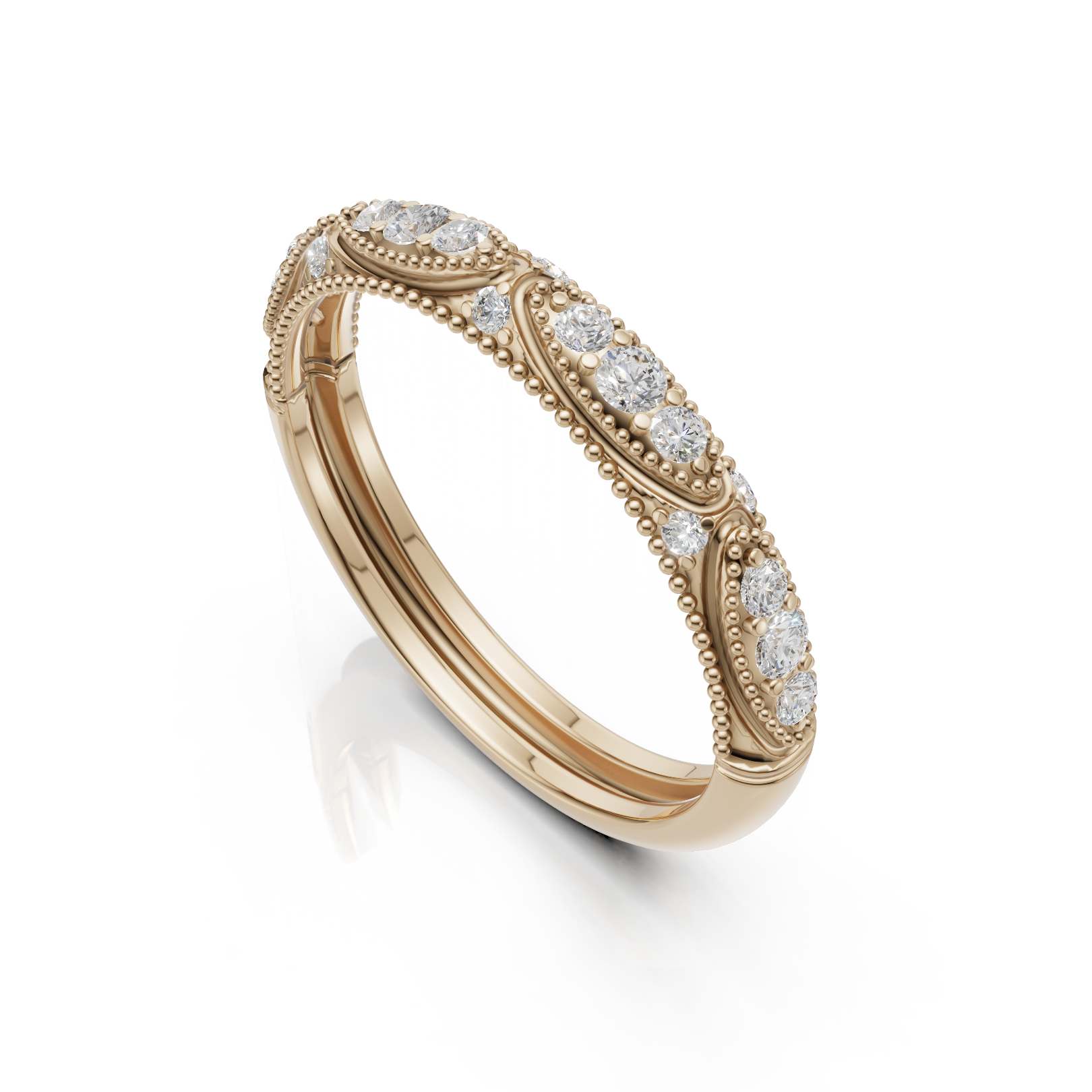 milgrain gold ring with diamonds on a white background