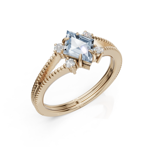 gold ring with a blue gemstone and diamonds on a white background