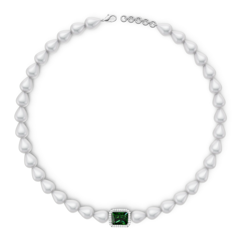 Pearl necklace with a green gemstone clasp on a white background