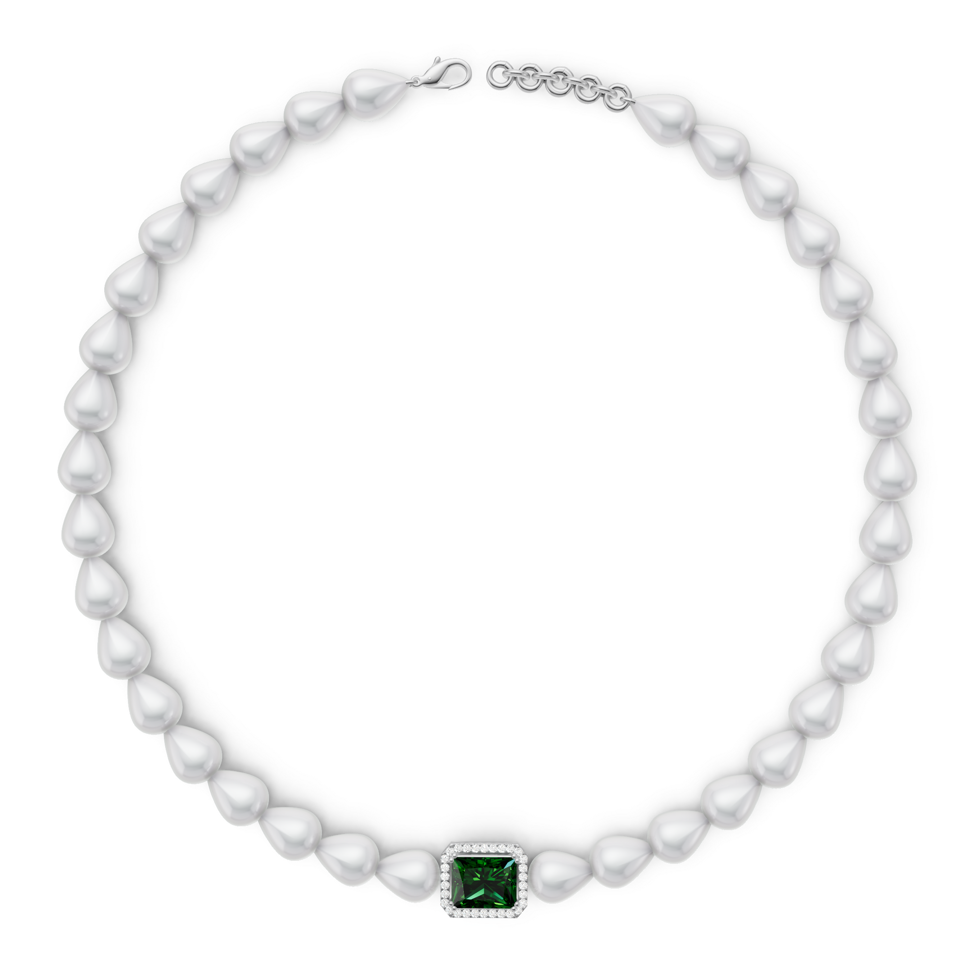 Pearl necklace with a green gemstone clasp on a white background