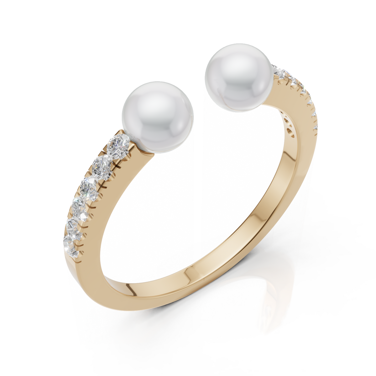 Gold ring with two pearls and small diamonds on a white background
