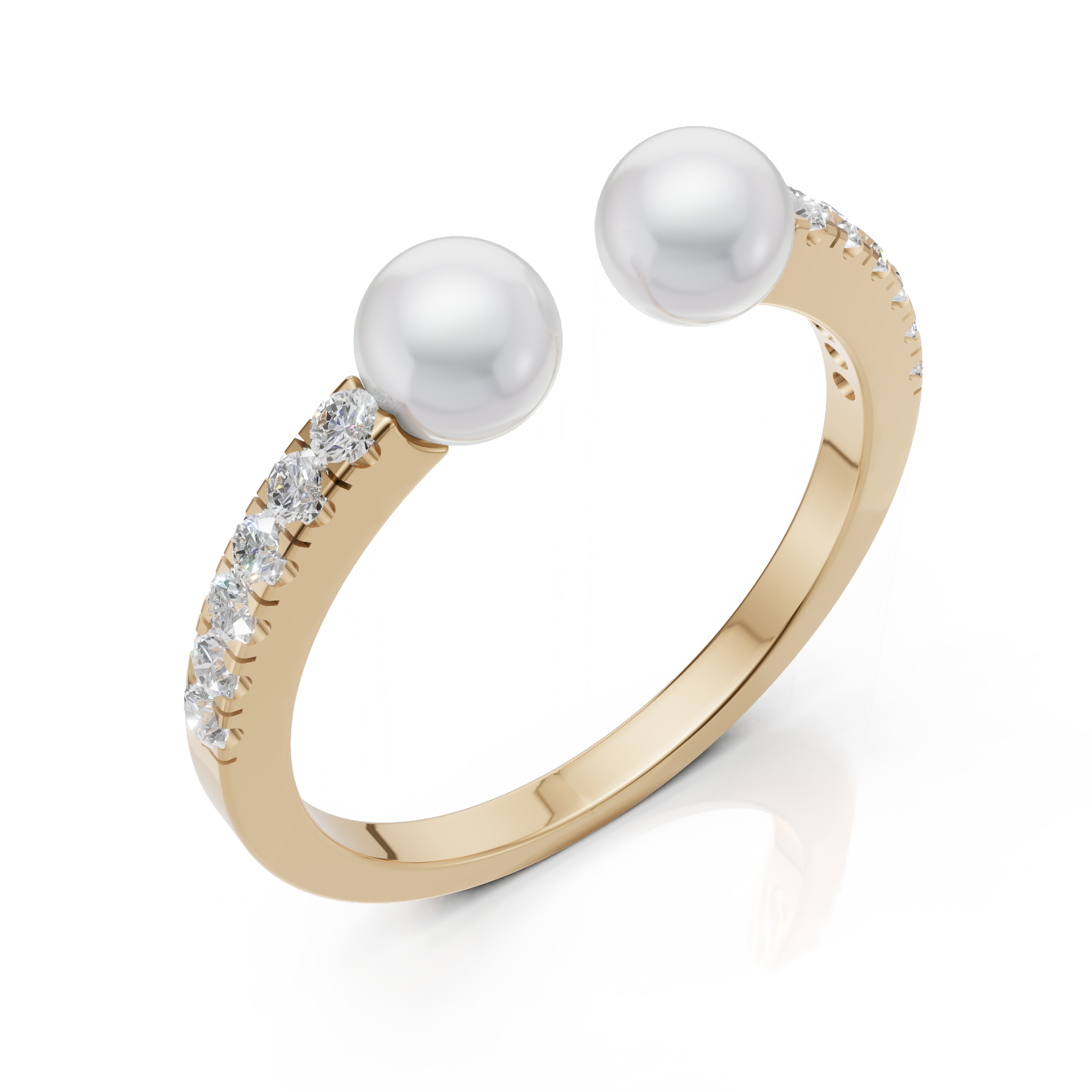 Gold ring with two pearls and small diamonds on a white background