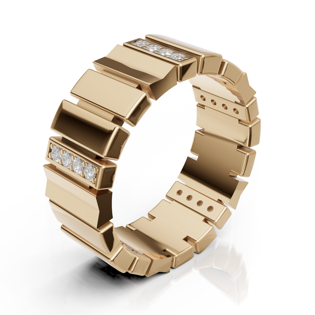 Gold ring with channel set diamonds on a white background