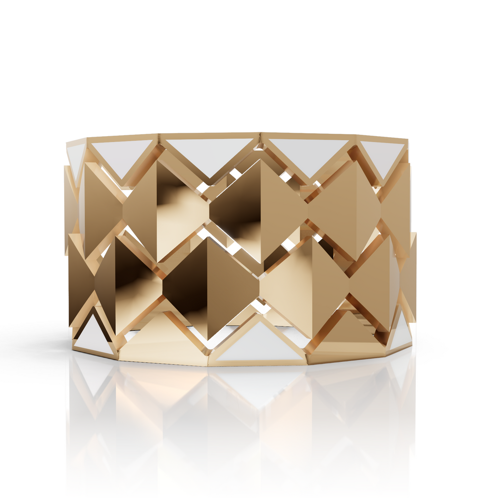 Gold geometric ring on a white background