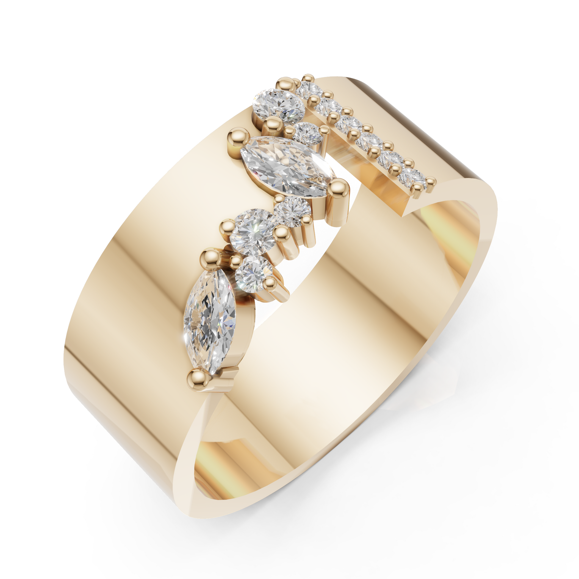 Gold ring with diamond accents on a white background