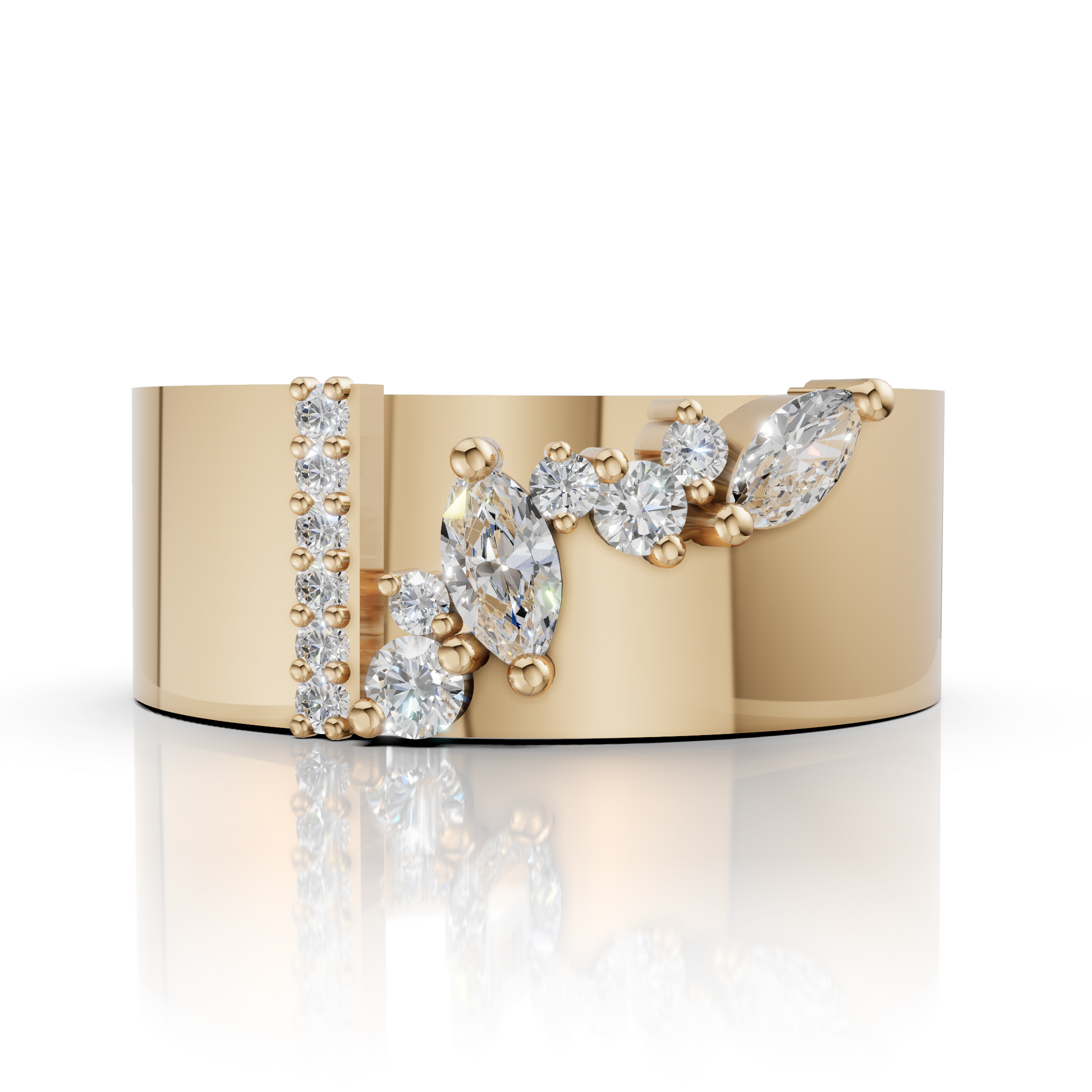 Gold ring with diamond accents on a white background