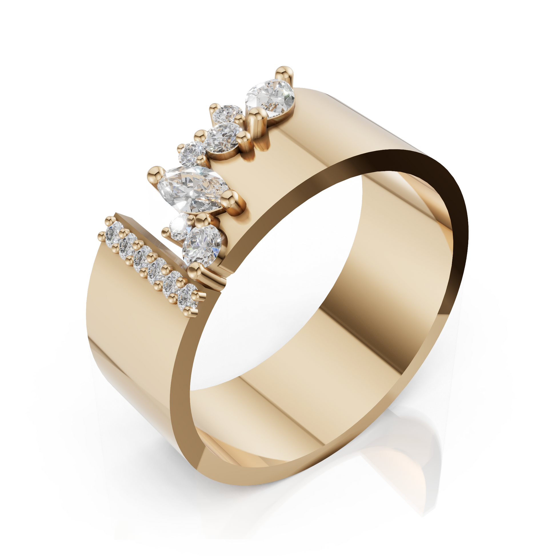 Gold ring with diamond accents on a white background