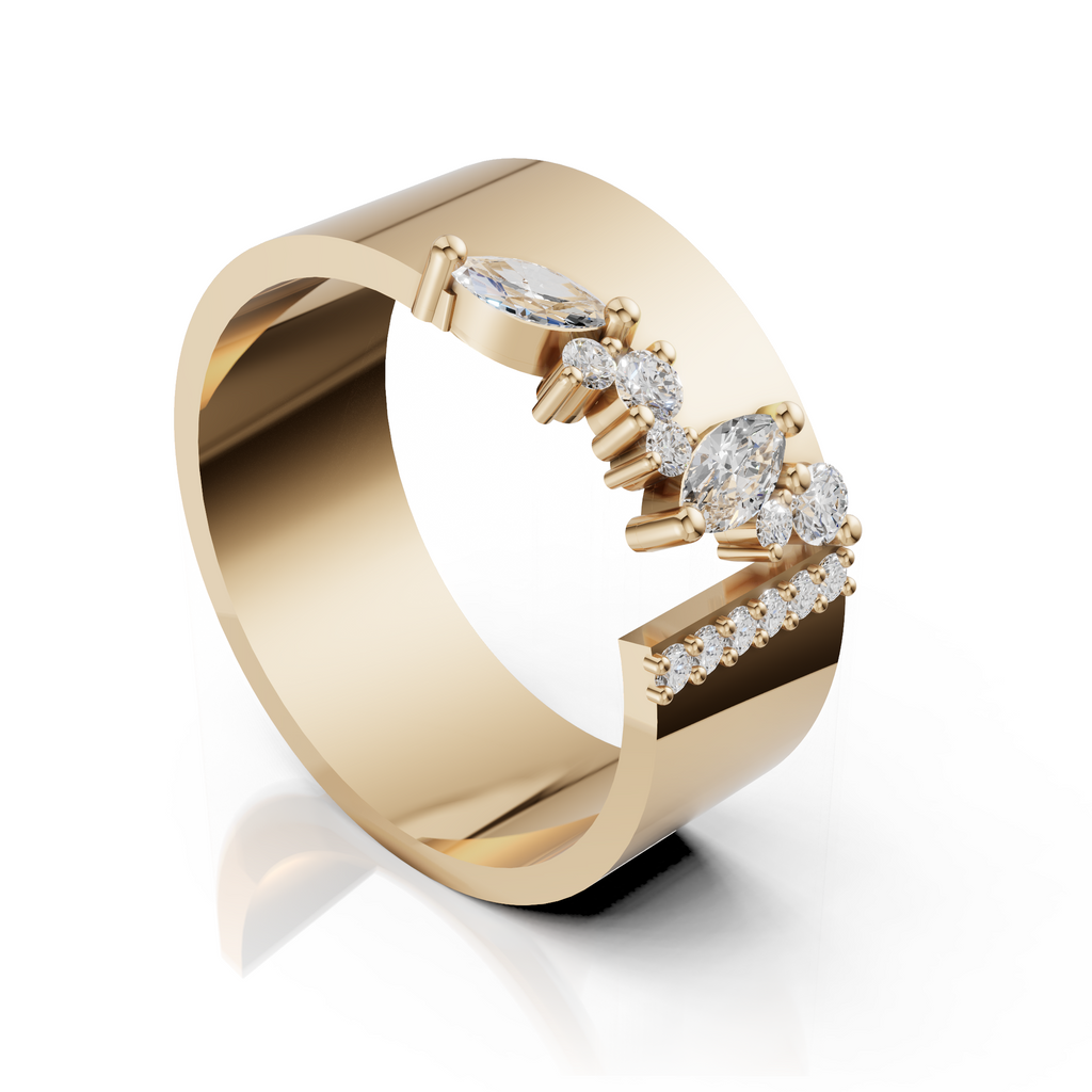 Gold ring with diamond accents on a white background