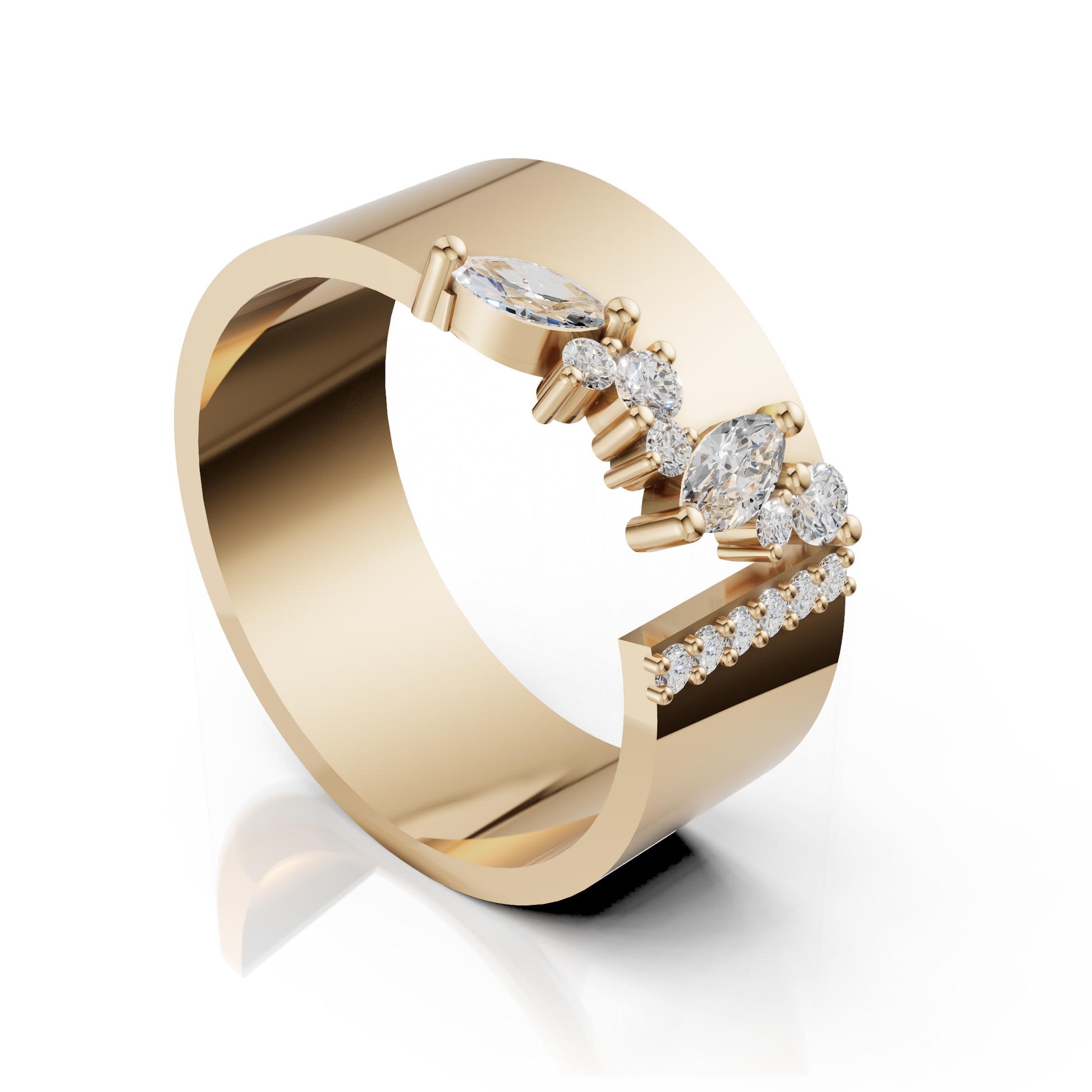 Gold ring with diamond accents on a white background