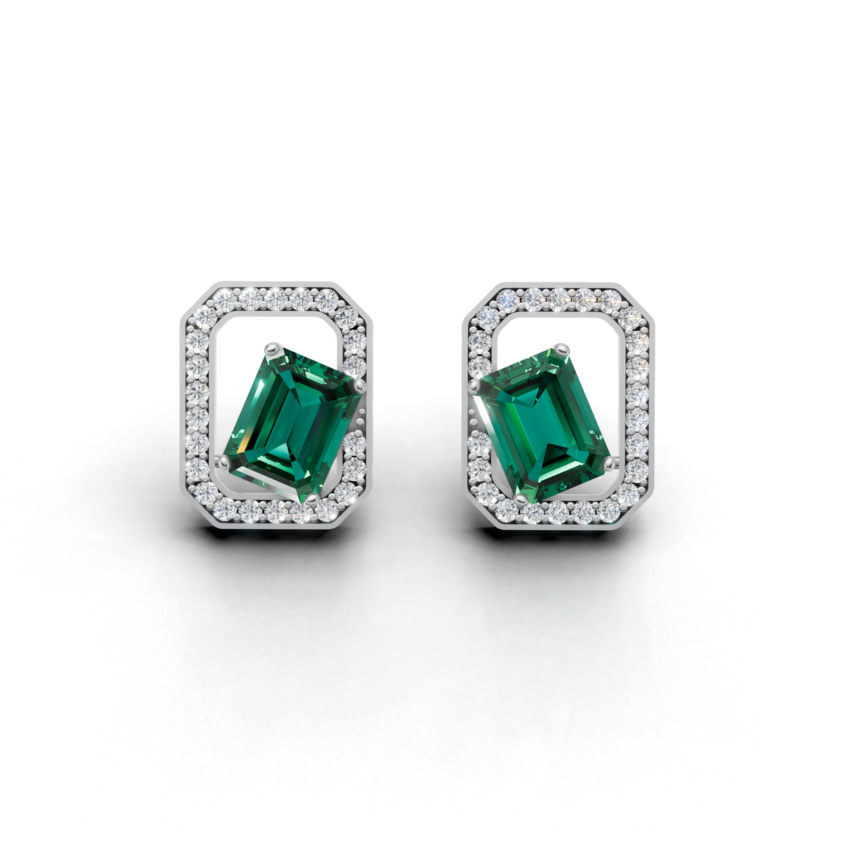 Elara Emerald Studs — emerald-cut simulated emerald stud earrings with American diamond halo