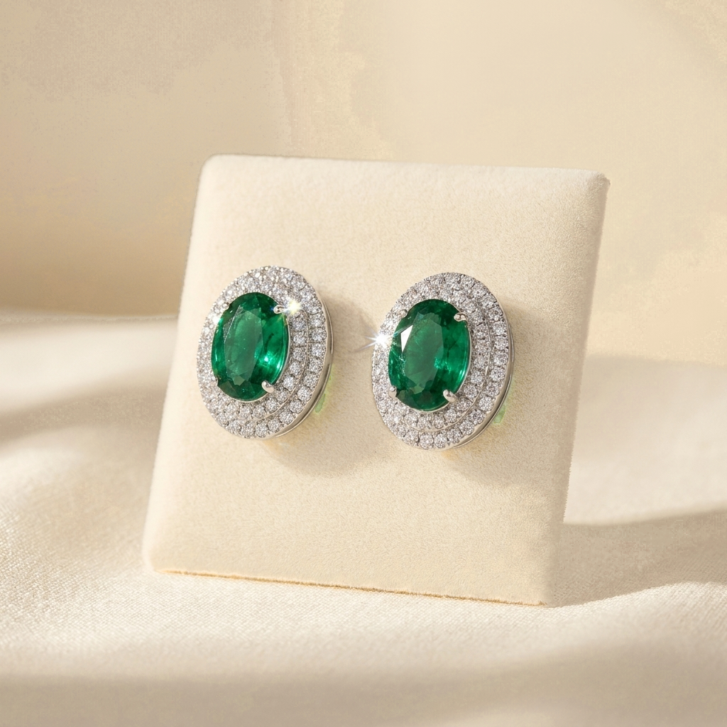 Minerva Emerald Double-Halo Studs